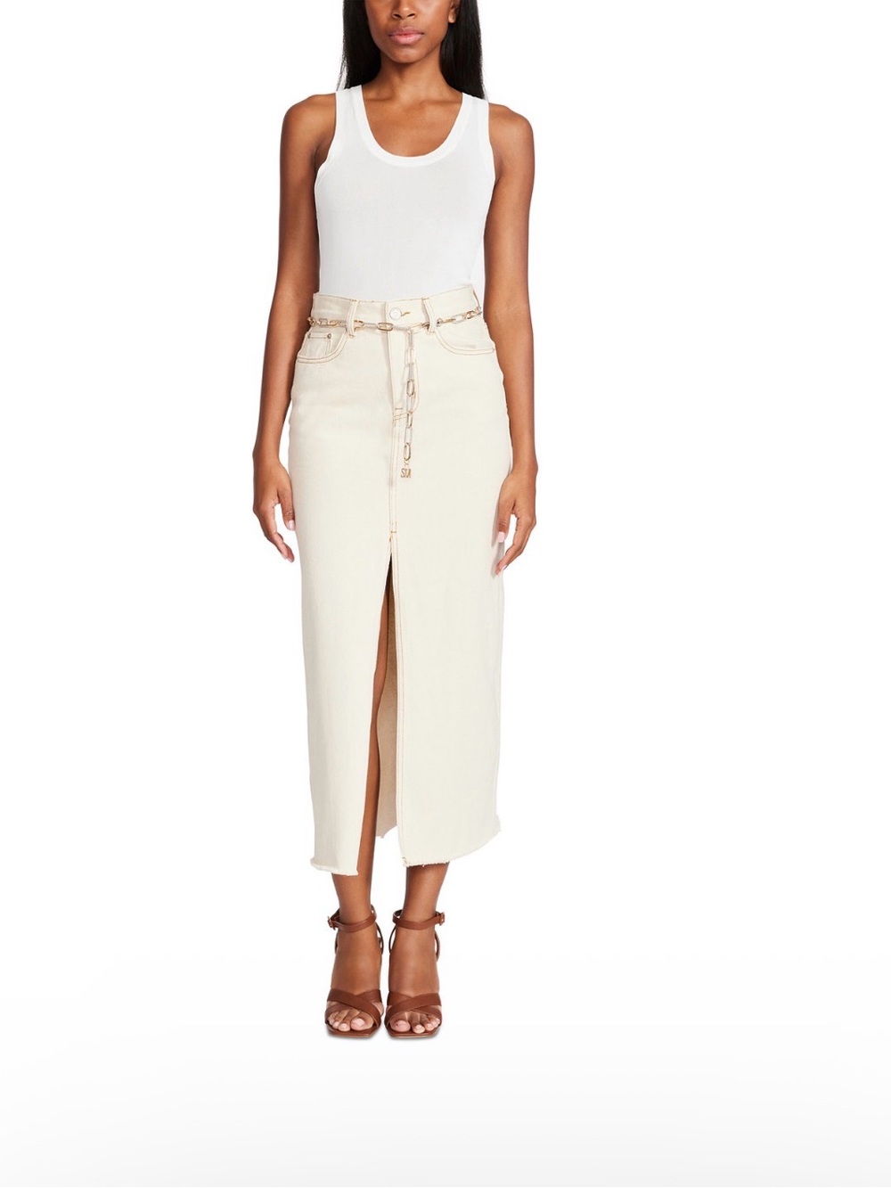 Steve Madden Cream Leather Belt with Gold Chain Detail 0013